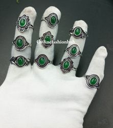 10 Pcs Green Onyx Gemstone Silver Plated Ring, Trendy Ring For Gift , Handmade Casting Rings Lot For Birthday