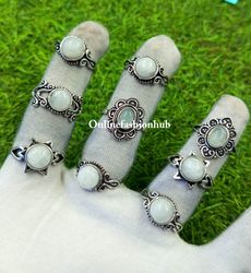 Moonstone Gemstone Silver Plated 10PCs Rings Lot, Calming Ring For Gift, Handmade Casting Rings Lot For Birthday