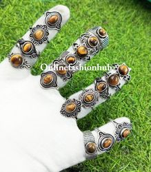 Tiger Eye Gemstone Silver Plated 10 PCs Rings Lot, Calming Ring For Gift, Handmade Casting Rings Lot For Birthday