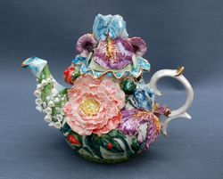 Beautiful art teapot Flower Figurine Irises Peonies, lilies of the valley Handmade Ceramic Teapot hand painted