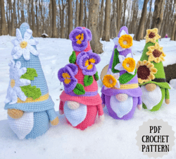 Flower gnomes, gnome pansies, narcissus, sunflower and chamomile pattern, gnome pattern with flowers, Set 4 in 1