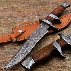 13 Inches Custom Made Damascus Steel Fixed Blade Hunting Knife Rose Wood Handle