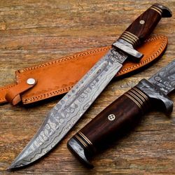 16 Inches Custom Made Damascus Steel Fixed Blade Hunting Knife Rose Wood Handle