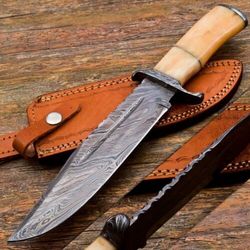 12 Inches Custom Made Damascus Steel Fixed Blade Hunting Knife Camel Bone Handle