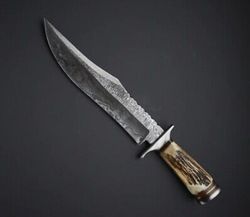 STAG HORN DAMASCUS STEEL BOWIE KNIFE | HANDMADE HAND-FORGED KNIFE| HUNTING BOWIE