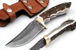 Custom Handmade Damascus Steel Blade Hunting Knife with Stage/Antler Horn Handle