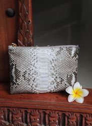 Genuine python skin grey cosmetic bag/ Purse Insert Organizer/Bag Insert For Tote Bag/ exotic leather wallet / small sna