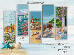 Set Bookmarks Nature cross stitch pattern, Seascape, summer embroidery for beginners Handmade bookmark Instant download