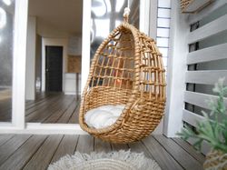 Dollhouse Hanging chair. 1:12 miniature egg chair. Dollhouse swing wicker chair with pillow