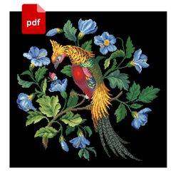 Reconstructed Vintage Golden Pheasant on a flower branch cross stitch scheme instant download pdf