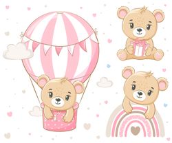 A cute teddy bear girl is flying in a balloon. EPS, JPG, PNG 300 DPI