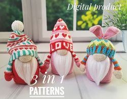 Crochet gnome patterns PDF set - 3 gnomes, holiday gnome, easter decor, valentines gnome, christmas gnome