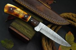 Custom Damascus Steel Hunting Knife Handmade, Camel Bone & Walnut Handle (Q661)
