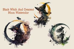 Black Witch And Crescent Moon Watercolor