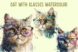 Cat With Glasses Watercolor, Animal PNG