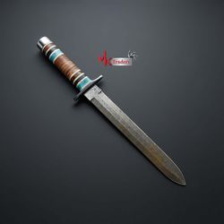 custom handmade Damascus steel dagger hunting knife with leather sheath hand forged knife gift knife mk3841m