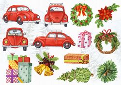Watercolor Christmas Red Car Png Bundle, Christmas Wreath Png