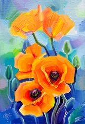 Orange poppies.  Summer series. Original oil painting,