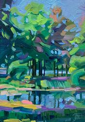 Trees and lake. Summer series. Original oil painting,