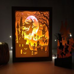 Witch Ride Broom Light box SVG, Halloween 3D Shadow Box - Paper Cutting Template File- SVG Files - Digital Files (20x20c