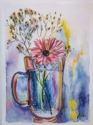 Daisy painting Original watercolor painting Pink flower painting Still life painting Gerbera daisy art Floral painting