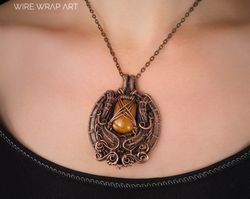 natural yellow tiger eye pendant  wire wrapped necklace antique style wire wrap art copper jewelry gift for yourself