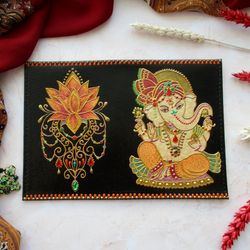 Leather passport holder, Hand painted passport cover, Ganesha, Lotus Mandala, Indian style, Henna design passport case