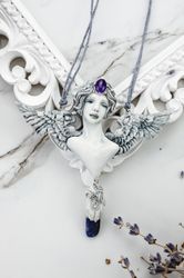 Sphinx Goddess Necklace. Amethyst and sodalite pendant. Art Nouveau jewelry. Handmade Sculpture polymer clay. Unusual