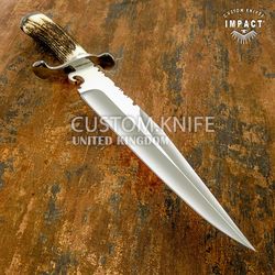 IMPACT CUTLERY RARE CUSTOM D2 ART BOWIE KNIFE STAG ANTLER HANDLE