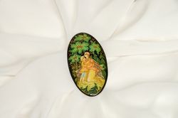 Fairy tale lacquer brooch hand-painted vintage miniature box art