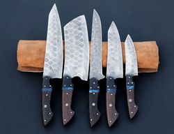 Handmade Damascus Chef Knife Set Beautifully Hand Forged Set of 5pcs With Leather Roll