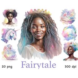 Pastel Black Princess Watercolor | Fantasy Clipart Bundle