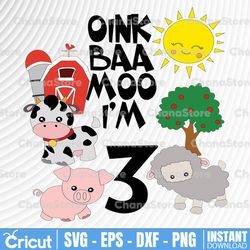 Oink Baa Moo I'm Three Boys Girls SVG Cute Farm Animals Themed Birthday Party Short Sleeve Kids svg, dxf,