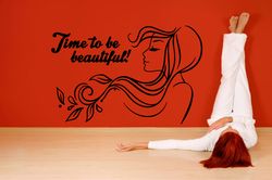 Time To Be Beautiful, Beautiful Girl, Barber Shop, Salon Of Beauty, Signage, Logo, Emblem Wall Sticker Vinyl Decal Mural