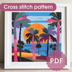 Cross stitch pattern /200x200st/ Palm trees, cross stitch chart PDF, cross stitch pattern trees, landscape x pattern