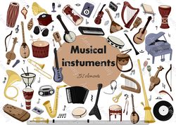 Big Set 51 Musical instruments Vector clipart, Ai, EPS, PNG, SVG files.