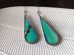 Green glass earrings, Dangle earrings, stained glass earrings, leaf drop earrings, simple stained glass