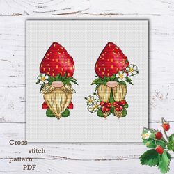 Strawberry Gnomes Cross Stitch Pattern PDF, Summer Gnome,cross stitch card,funny , Small fairy kawaii embroidery