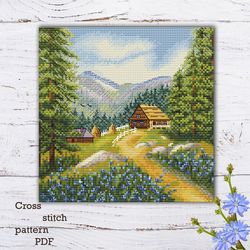 Cross-stitch pattern of a house among the mountains. Mountain landscape. Beautiful nature, spruce trees and flowers