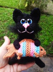Plush black cat toy Cat fisherman plush cute Stuffed kitten animals toy knitted amigurumi plushie pet Halloween decor