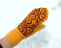Wool mittens women's hand knitted yellow brown Scandinavian mittens Norwegian snowflake mittens Christmas gift for Her