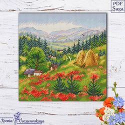 Cross-stitch pattern of On the slopes of the mountains. Mountain landscape. Beautiful nature, spruce trees and flowers w