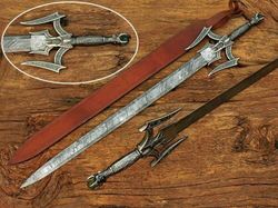 Handmade, Damascus Steel, Barbarian Light Sword, Jewel Handle, Leather Sheath,Mother's Day gift