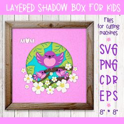 Mother Bird with Chicks | Shadow Box Template SVG
