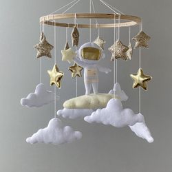 Astronaut baby mobile neutral, baby shower gift, beige space mobile nursery, crib mobile