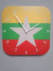 Myanmar flag clock for wall, Burmese wall decor, Burmese gifts