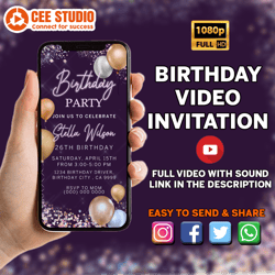 Purple Birthday Party Invitation, Animated Birthday Party Invite, Editable Electronic Bday Dinner, Video Pink Glitter