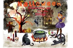 Watercolor Halloween Clipart, Halloween Png, Witch On Broomstick, Haunted House, Pumpkins, Cat, Hat, Broomstick