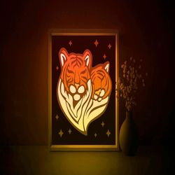 Love Tigers Shadow box SVG Template, Animal Heart Papercut Lightbox cricut SVG, 3D layered Pair Leaf Paper cut Light box