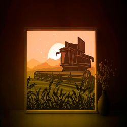 Wheat Field Shadow box SVG Template, Farm Combine Papercut Lightbox cricut SVG, 3D layered Paper cut Light box DXF Paper